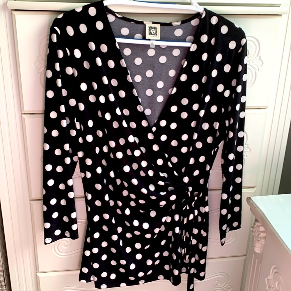 Anne Klein black top with white polka dots and faux wrap front
